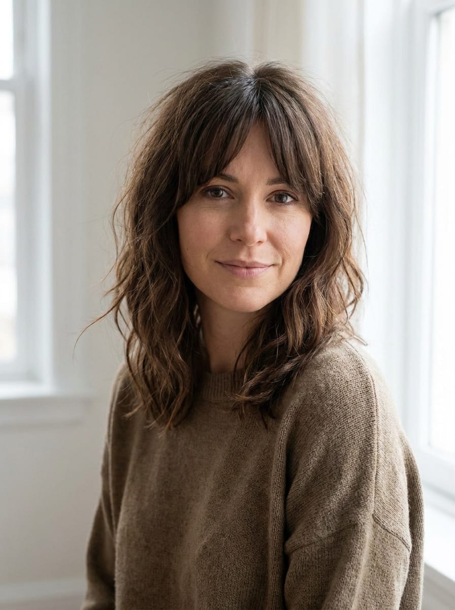 Soft Layers ohne starkes Styling - Mittellanger Stufenschnitt mit Curtain Bangs